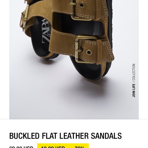 Zara Brown Leather Buckled Flat Sandals, size 9 - Picture 5 of 9